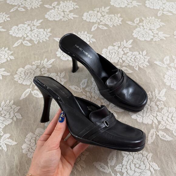 Nine West Shoes - Nine West Black Leather Loafer Mule Heels Size 7M